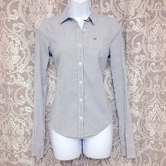 hollister White and Blue Striped Stretch Cotton Button Down Shirt Size Medium - Picture 2 of 9
